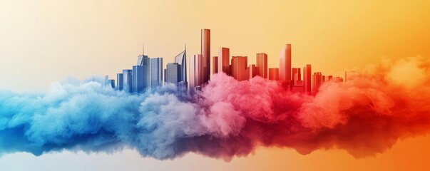 Fototapeta premium A city floating on a cloud made of shifting, swirling colors, symbolizing creative and otherworldly urban design
