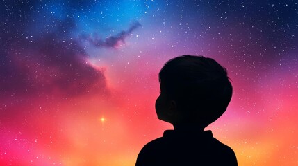 A child's silhouette against a backdrop of multicolored galaxies, representing the endless possibilities of a young mind