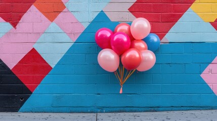 A cluster of colorful balloons against a vibrant geometric mural.
