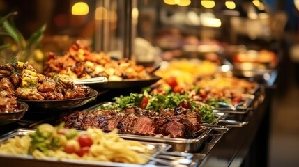 Obraz premium A buffet table filled with a variety of dishes, including salads, pasta, grilled meats, and desserts, in a hotel dining area.