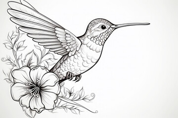 Obraz premium Intricate black and white line art illustration of a bird perched on a floral branch, perfect for adult coloring books or artistic projects