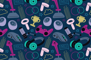 Seamless video game pattern, vector illustration in flat cartoon style. Gaming devices like joysticks, headphones, trophies. Print for digital entertainment, gaming designs, and esports backgrounds