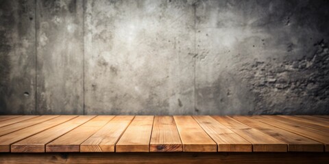 Wooden plank table with blurred concrete wall background, perfect for product display, wood, plank, table, blurred