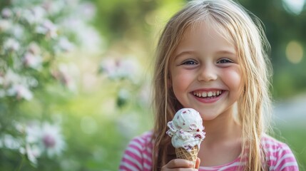 Blissful Swedish Girl Indulging in Pure Joy While Holding Delicious Ice Cream Cone Outdoors