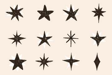 Doodle pencil stars isolated on a white background. Star drawing with grunge. Cartoon elements. 