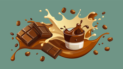 splashes and drops of melted dark chocolate, hot coffee and milk flow mixed