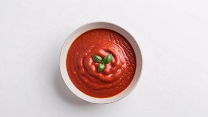 Bowl of tomato soup with a basil garnish on white background.