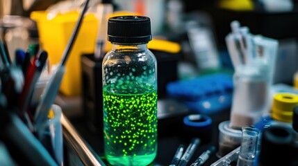 A glowing green liquid in a laboratory setting, surrounded by scientific equipment.