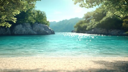 Blurred perspective of tropical flora framing a sandy beach with clear turquoise waters inviting relaxation and summer fun. Based on Generative AI