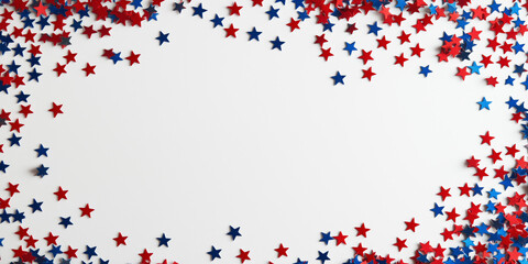US colors red and blue stars confetti Border. Blue and Red Stars National Confetti Frame. American Independence, Veterans Day, Memorial Day Border. 4th of July, September National Holiday Design.