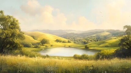 Naklejka premium Soothing pastel landscape with rolling hills lush meadows and a tranquil lake rendered in a soft impressionistic style conveying a sense of calm and balance