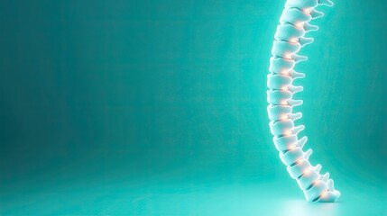 Illustration of a human spine in a minimalist style, emphasizing vertebrae and curvature against a teal background.