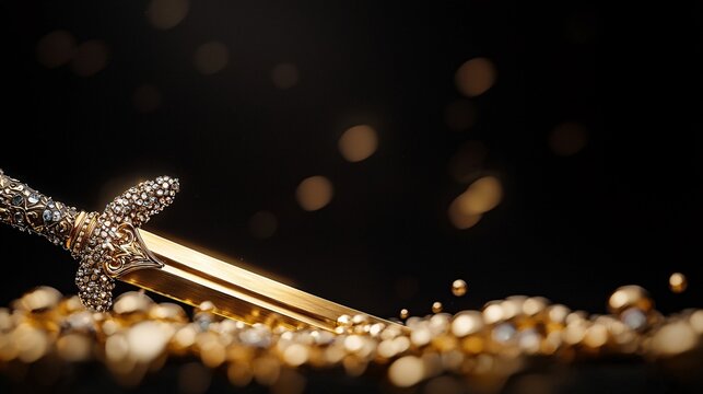 A close-up of a gold sword hilt encrusted with jewels, gold sword, weapon of power