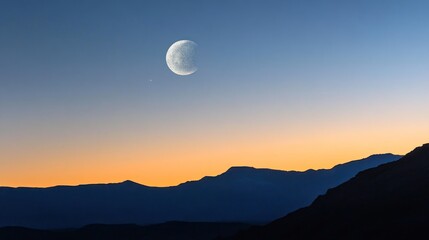 A serene twilight landscape featuring a crescent moon and distant mountains.