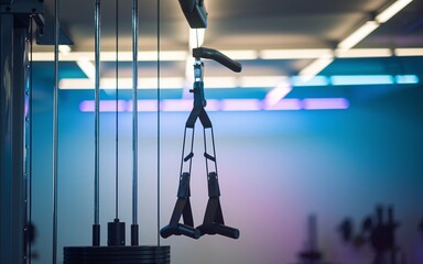 Close-up of a cable machine attachment hanging in a modern gym with blurred background.