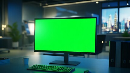 Fototapeta premium A detailed view of a green screen on a computer in a vacant business office, showcasing a chroma key background on the monitor for an isolated template, offering a blank mock-up space with no one 
