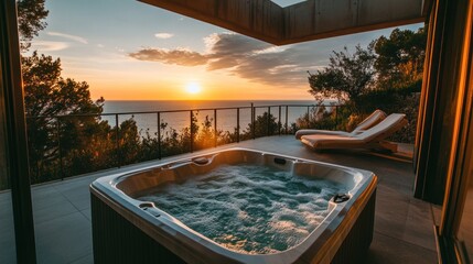 A relaxing outdoor hot tub with a sunset view over the ocean.