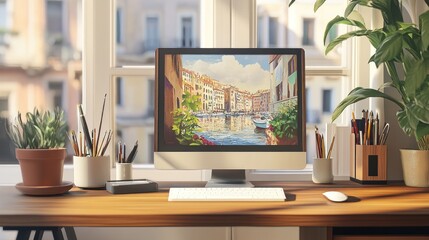 A cozy workspace featuring a computer displaying a scenic waterfront painting.