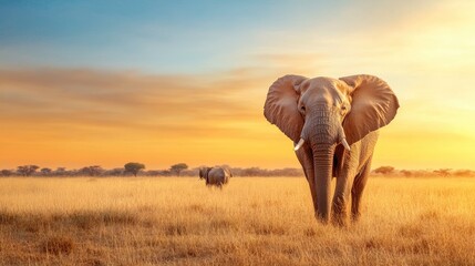 Obraz premium Majestic elephant walking through golden grasslands during sunset, embodying the beauty of wildlife and nature in harmony.