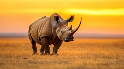 Obraz premium Majestic rhinoceros standing gracefully in golden grass at sunset, showcasing the beauty of wildlife in its natural habitat.