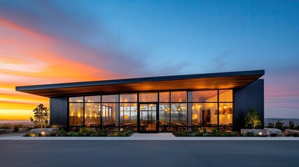 Fototapeta premium Modern architectural building with large glass windows and sunset backdrop. Striking design showcasing contemporary aesthetics.
