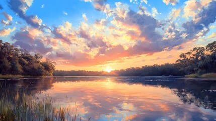 Sweeping cloud filled skies dreamy sunsets and vibrant nature landscapes come together in this serene lakeside scene