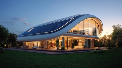 Fototapeta premium Modern architectural design featuring a unique curved house illuminated at dusk, showcasing innovative and stylish living space.