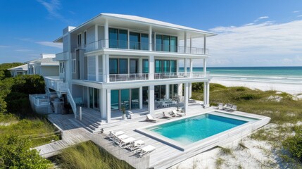 Fototapeta premium Modern beachfront house with pool, surrounded by sand and ocean.
