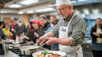 A chef teaching a cooking class, demonstrating how to prepare a dish while participants watch and take notes.