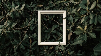 A white frame set against a backdrop of lush green leaves, creating a nature-themed visual.