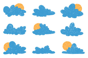 Clouds in hand drawn style with grunge effect. Pencil drawings of clouds. Abstract cartoon and fluffy cloud icons.