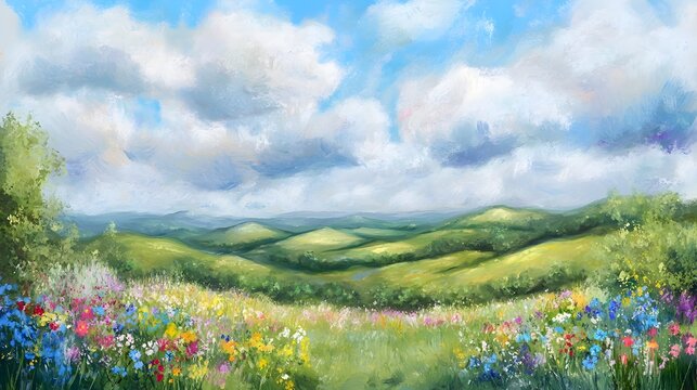 A whimsical and dreamlike pastel landscape featuring fluffy clouds rolling hills playful meadows