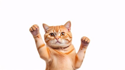 Orange tabby cat with paws raised, isolated on white background.