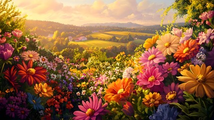 Obraz premium Vibrant flowering garden with a variety of blooming flowers colorful petals lush foliage and a charming rural landscape in the background captured in a digital art highly detailed