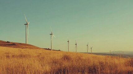 Obraz premium A clean energy wind farm with wind turbines turning against the backdrop of a clear sky, representing renewable energy.