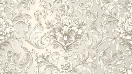 Enchanting pastel damask wallpaper featuring graceful floral designs and elaborate ornamental scrollwork accents with shimmering metallic highlights soft vintage brushstrokes