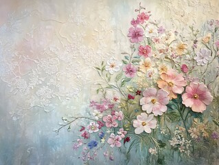 Pastel colored backdrop featuring delicate floral embroidery motifs fragrant garden flowers in full bloom intricate lace patterns