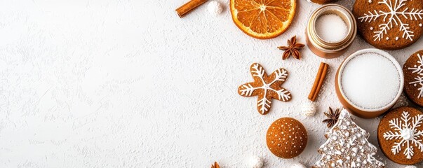 Fototapeta premium Gingerbread cookies and festive spices on white background, holiday decoration.
