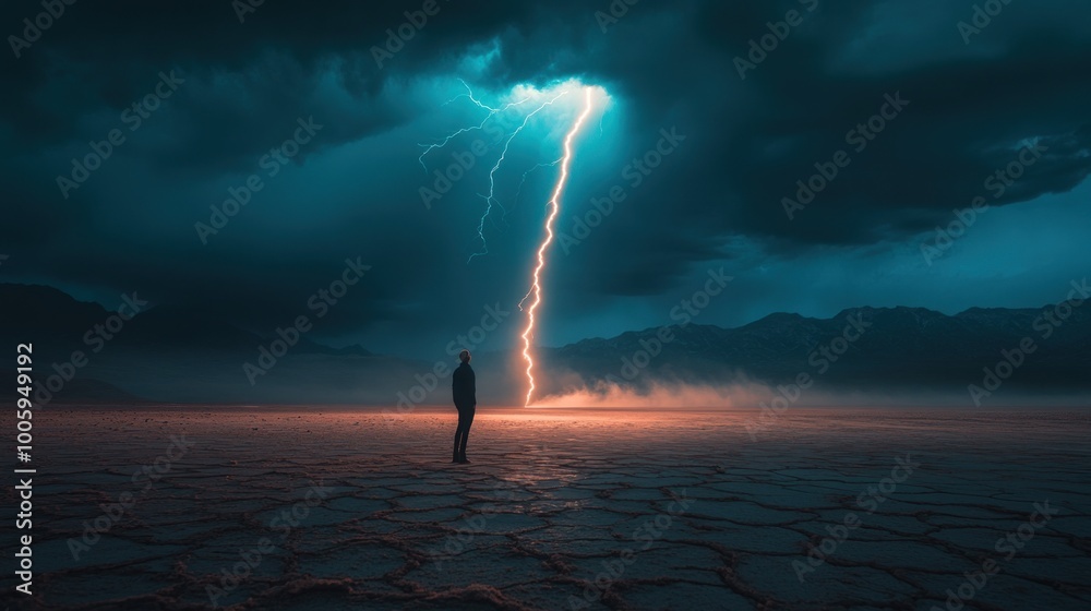 Poster A lone figure stands against a dramatic sky illuminated by a lightning strike over a barren landscape.