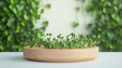 A wooden bowl filled with lush green ivy against a backdrop of greenery.