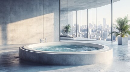 Modern bathroom with a circular jacuzzi and city skyline view.