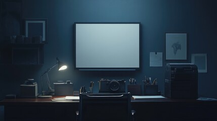 A dimly lit office space with a desk, camera, and blank screen, suggesting creativity and focus.