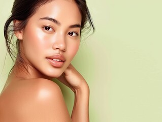 Radiant beauty portrait of a woman against a soft green background, showcasing natural skincare and glowing complexion.
