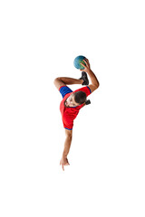 Top view dynamic image of young man, handball player in motion, throwing ball with power, training...