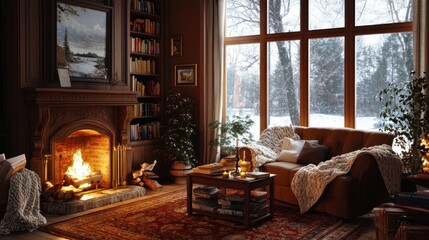 A cozy living room with a fireplace, bookshelves, and snowy views, evoking warmth and comfort.
