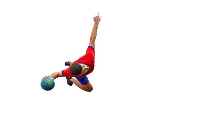 Top view of athletic young man in red and blue uniform, handball player on motion, throwing ball...