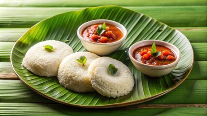 Traditional South Indian breakfast of steamed rice cakes served on a banana leaf with coconut and tomato chutney