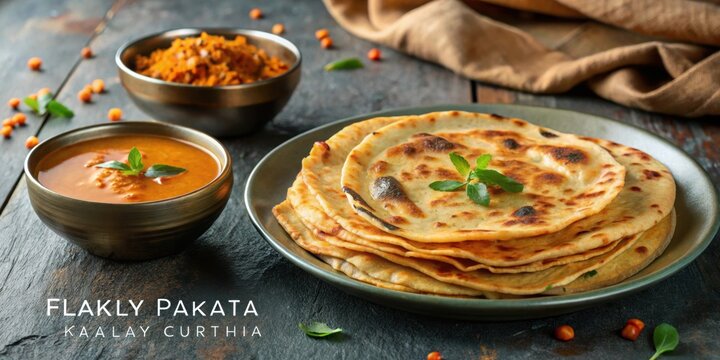 Flaky Kerala paratha served with spicy Asian curry gravy , Kerala, paratha, porotta, roti, parotta, barotta
