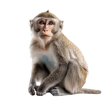 Close-up of a macaque monkey sitting against a white background. Captures the detailed fur and expressive facial features isolate on transparency background