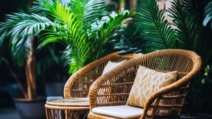 Fototapeta premium A cozy seating area surrounded by lush greenery, perfect for relaxation.